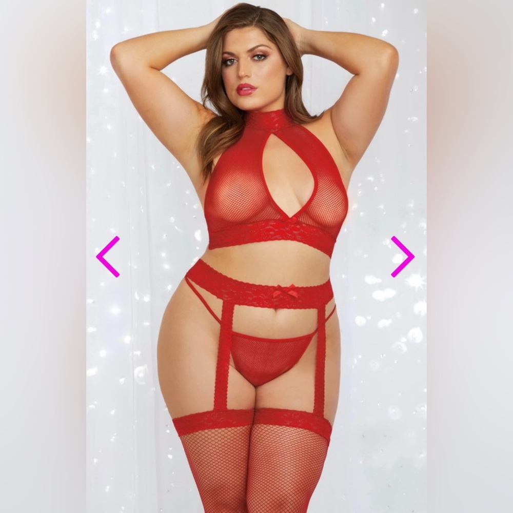Plus/Queen Size Red Bralette & Garter Belt Bodystocking Set